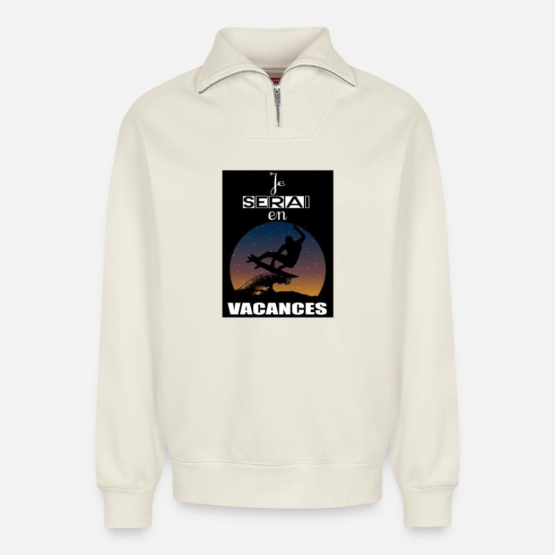 Ich werde im Urlaub sein - Relaxed Unisex Organic Half Zip Sweatshirt – von SPREAD - Naturweiß