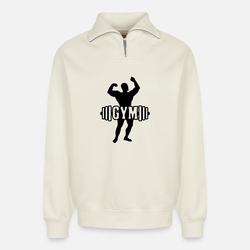 Bodybuilder image image logo gym - Sweat unisexe décontracté en coton biologique à demi-zip – de SPREAD - blanc cassé