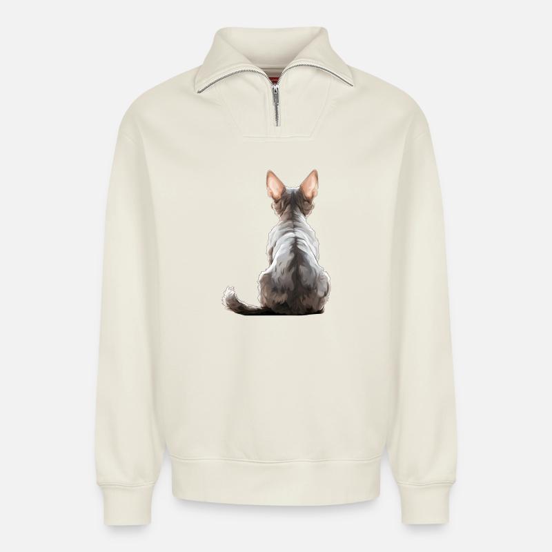 Devon Rex Cat - Relaxed Unisex Organic Half Zip Sweatshirt – by SPREAD - off white