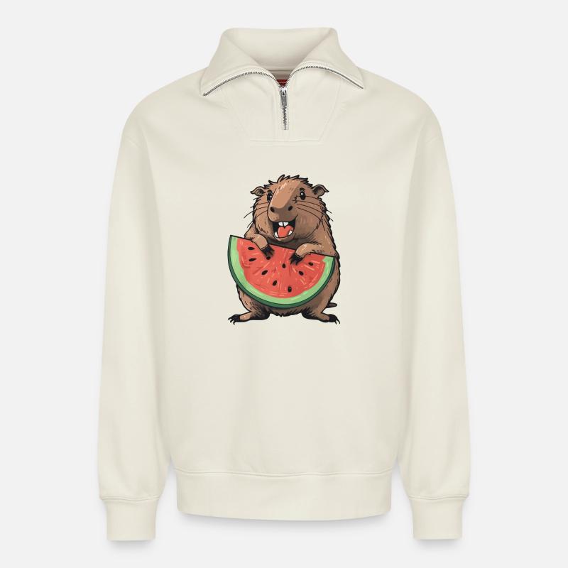 Capybara isst Wassermelone - Relaxed Unisex Organic Half Zip Sweatshirt – von SPREAD - Naturweiß