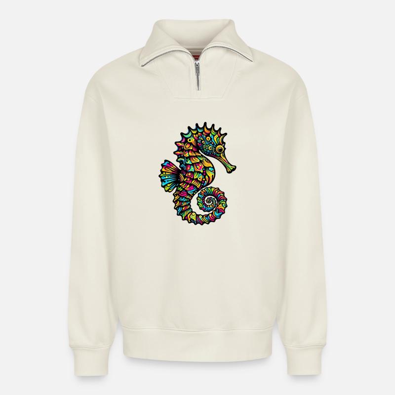 Seepferdchen - Relaxed Unisex Organic Half Zip Sweatshirt – von SPREAD - Naturweiß