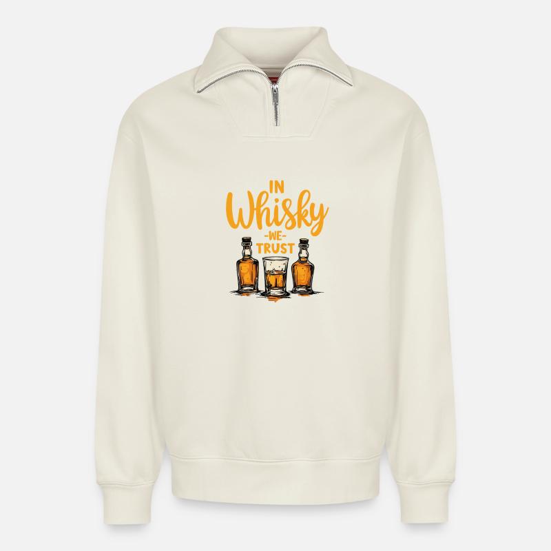 IN WHISKY WE TRUST, WHISKEY - Relaxed Unisex Organic Half Zip Sweatshirt – von SPREAD - Naturweiß
