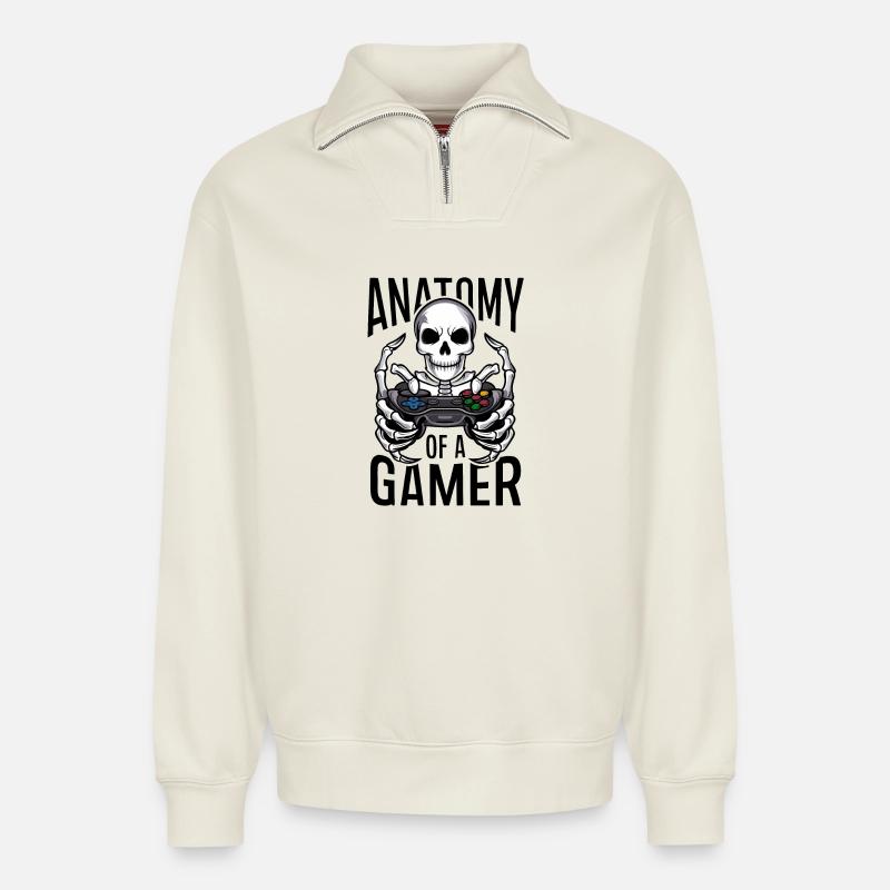 Gamer Skeleton mit Gamecontroller - Relaxed Unisex Organic Half Zip Sweatshirt – von SPREAD - Naturweiß