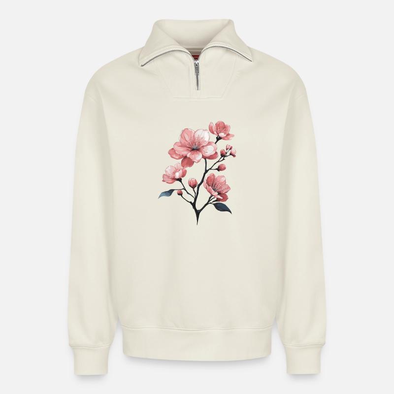 Kirschblüte - Relaxed Unisex Organic Half Zip Sweatshirt – von SPREAD - Naturweiß