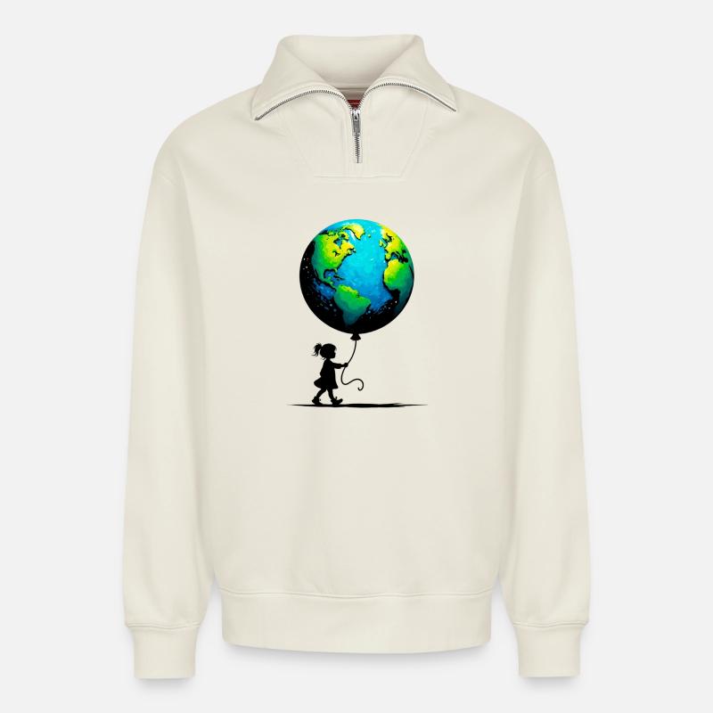 Planet Erde - Relaxed Unisex Organic Half Zip Sweatshirt – von SPREAD - Naturweiß