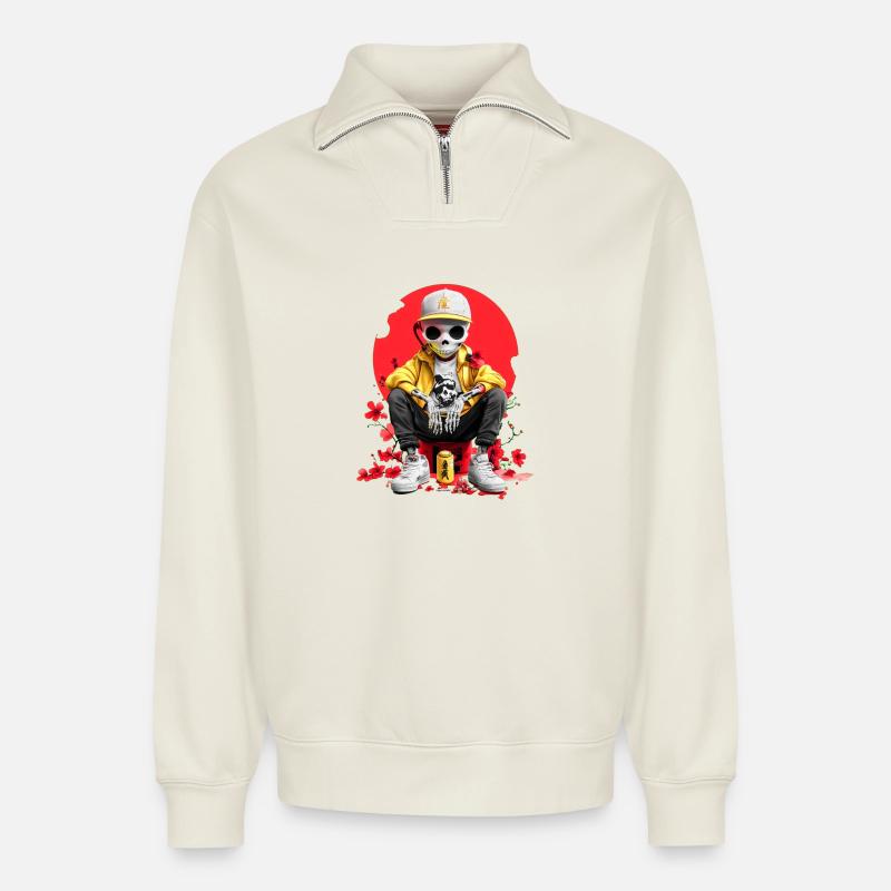 Japan Skeleton - Relaxed Unisex Organic Half Zip Sweatshirt – von SPREAD - Naturweiß
