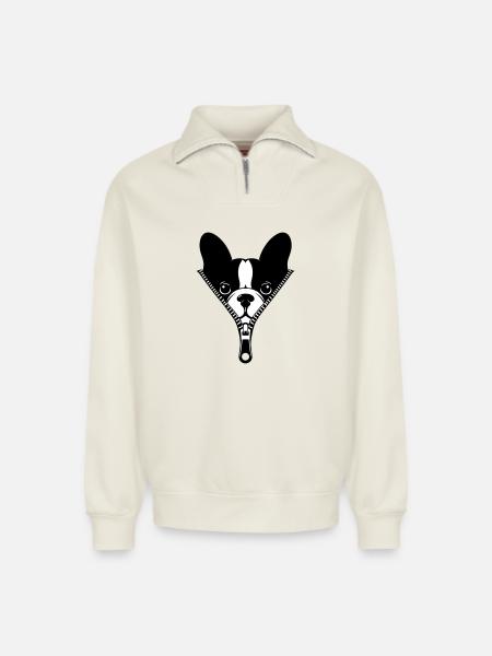 French Bulldog in a Zipper - Relaxed Unisex Organic Half Zip Sweatshirt – by SPREAD - off white