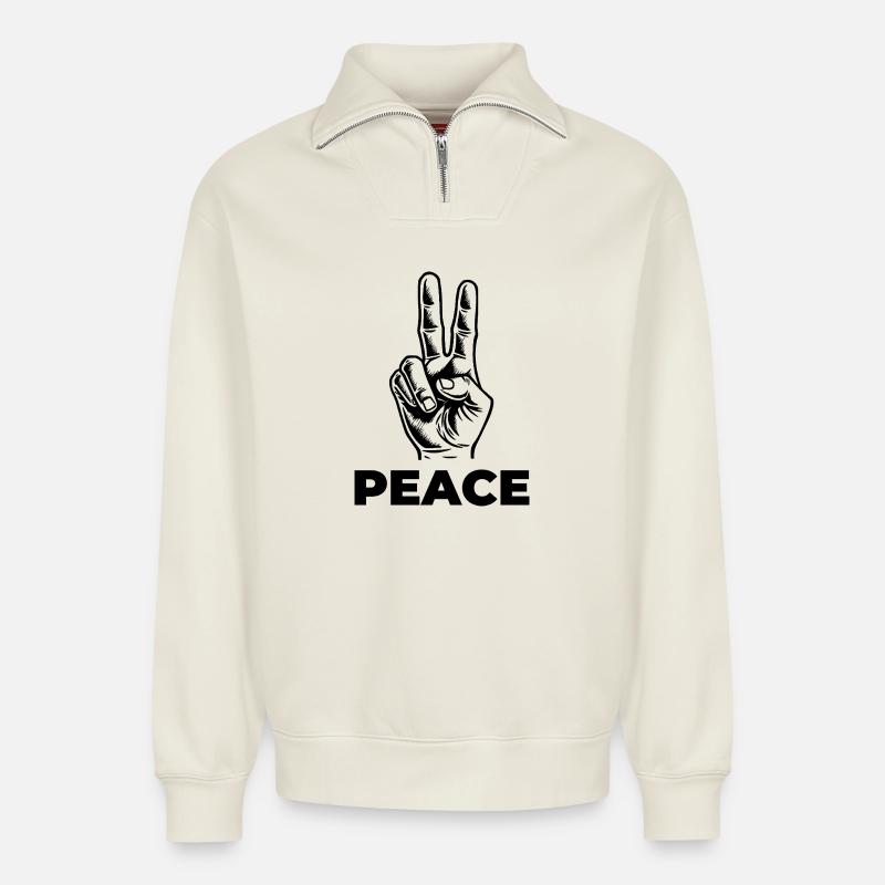 Peace – Statement mit Handzeichen - Relaxed Unisex Organic Half Zip Sweatshirt – von SPREAD - Naturweiß
