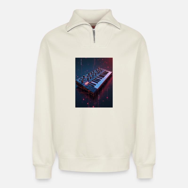Futuristic Synthwave Music Console - Relaxed Unisex Organic Half Zip Sweatshirt – by SPREAD - off white