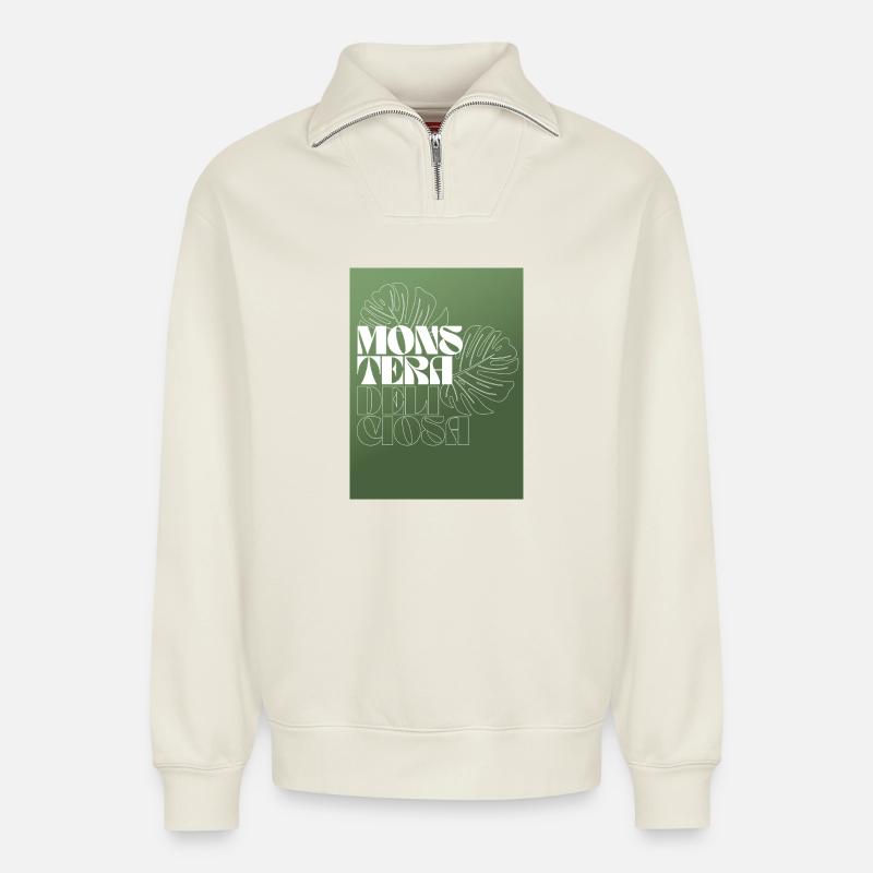 Monstera Botanical Line Art Design - Relaxed Unisex Organic Half Zip Sweatshirt – von SPREAD - Naturweiß