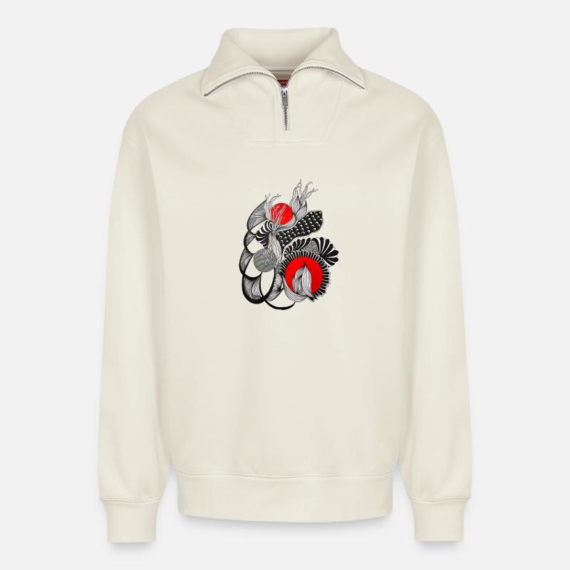 Monochrome Blütenkreise mit Rot - Relaxed Unisex Organic Half Zip Sweatshirt – von SPREAD - Naturweiß