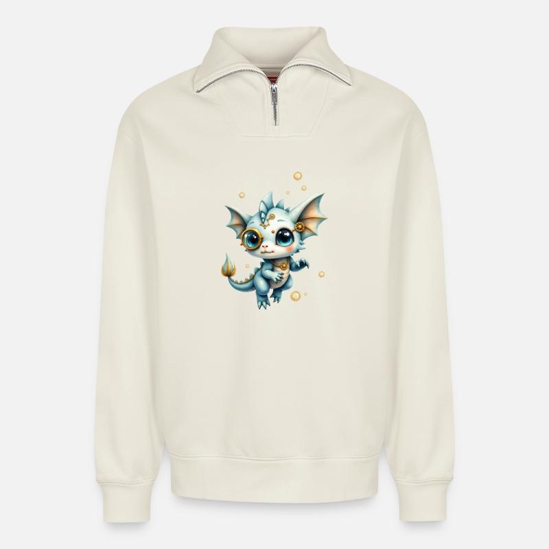 Steampunk Drache mit Lupe - Relaxed Unisex Organic Half Zip Sweatshirt – von SPREAD - Naturweiß