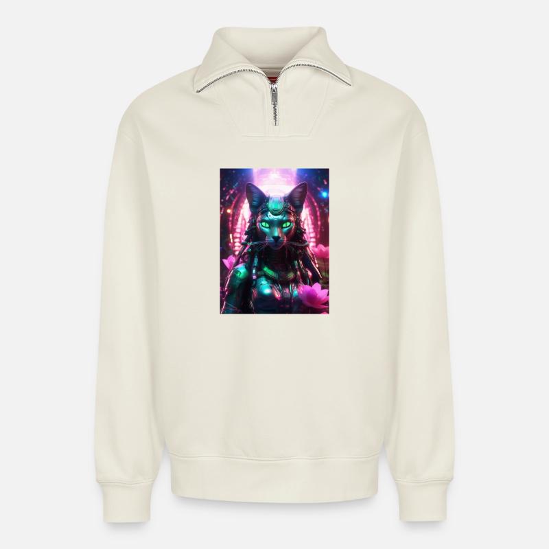  Bastet – Hüterin des Friedens - Relaxed Unisex Organic Half Zip Sweatshirt – von SPREAD - Naturweiß