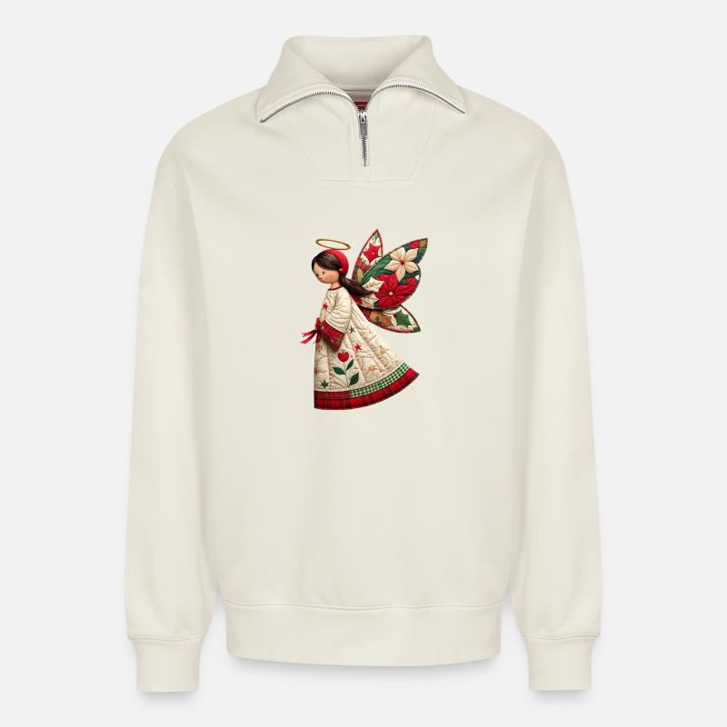 Weihnachtsengel mit Weihnachtsblumen - Relaxed Unisex Organic Half Zip Sweatshirt – von SPREAD - Naturweiß