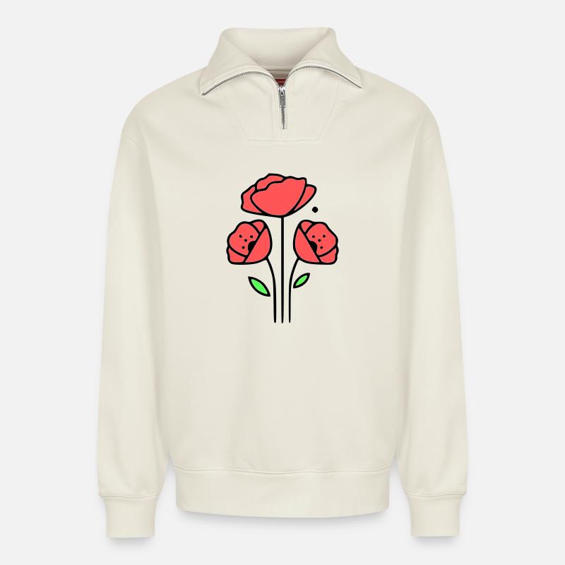 mohnblume-mohnblumen-minimalistisch-line-art-1 - Relaxed Unisex Organic Half Zip Sweatshirt – von SPREAD - Naturweiß