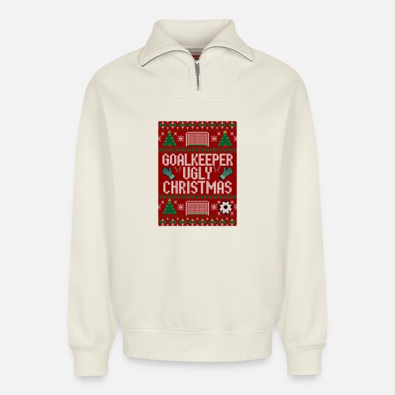 Torwart hässlicher Weihnachtspullover Design - Relaxed Unisex Organic Half Zip Sweatshirt – von SPREAD - Naturweiß