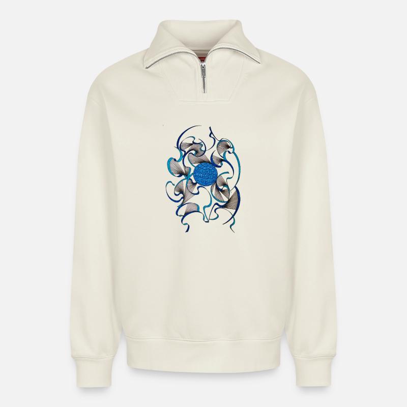 Blaues Wirbelblüten Muster - Relaxed Unisex Organic Half Zip Sweatshirt – von SPREAD - Naturweiß
