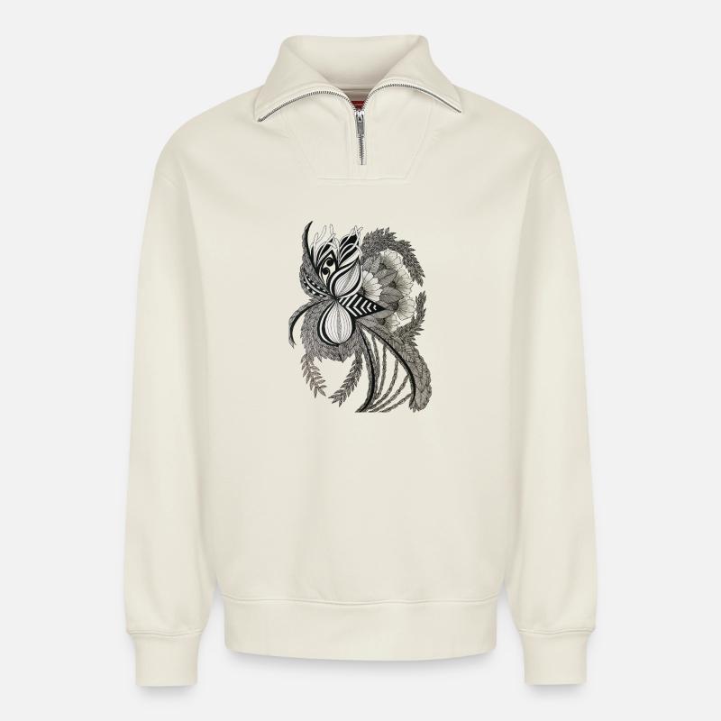 Monochrom Blumengeäst Ornament - Relaxed Unisex Organic Half Zip Sweatshirt – von SPREAD - Naturweiß