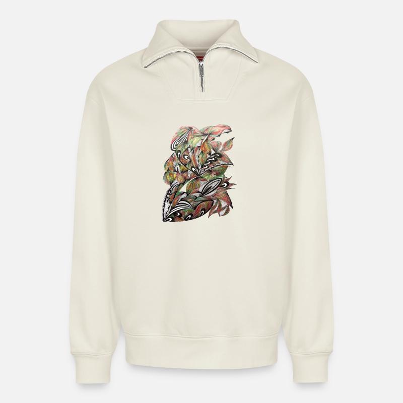 Motif éclatant de paon feuille - Sweat unisexe décontracté en coton biologique à demi-zip – de SPREAD - blanc cassé