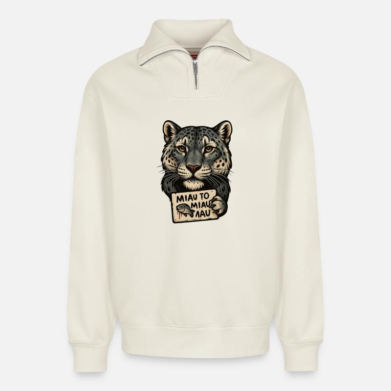 Leopard mit Schild Miau Sign - Relaxed Unisex Organic Half Zip Sweatshirt – von SPREAD - Naturweiß