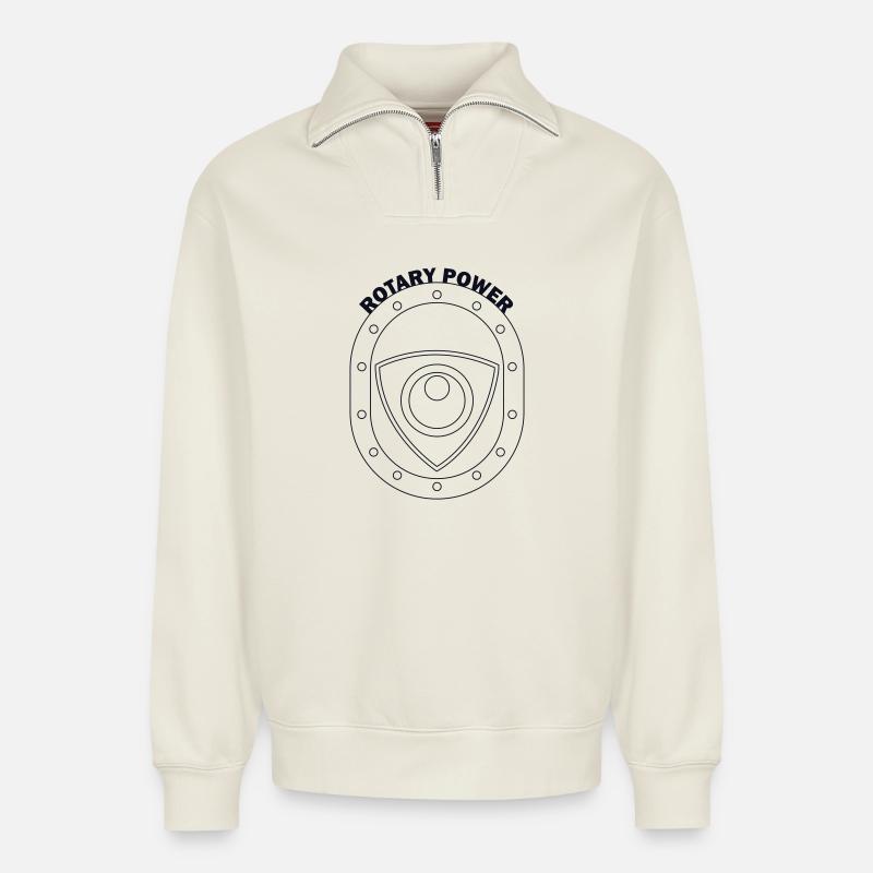 Rotatorisches Kraftschild-Emblem - Relaxed Unisex Organic Half Zip Sweatshirt – von SPREAD - Naturweiß