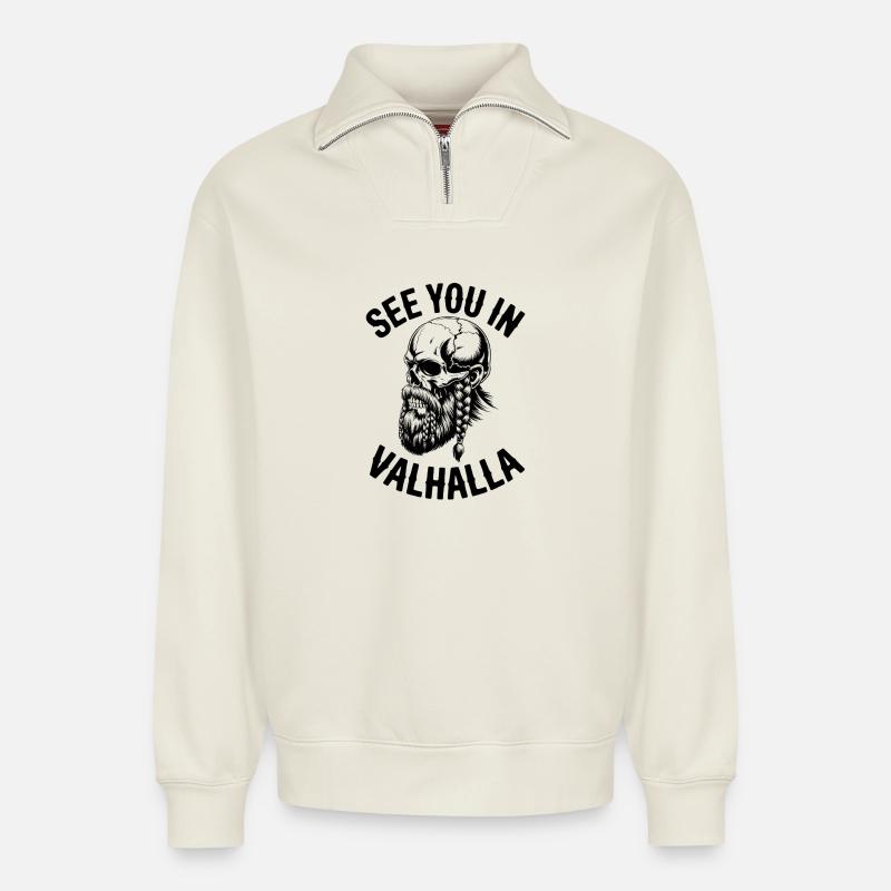 Wir sehen uns in Walhalla - Relaxed Unisex Organic Half Zip Sweatshirt – von SPREAD - Naturweiß