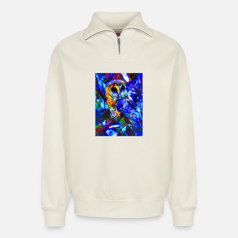 Neoneule im psychedelischen Licht - Relaxed Unisex Organic Half Zip Sweatshirt – von SPREAD - Naturweiß