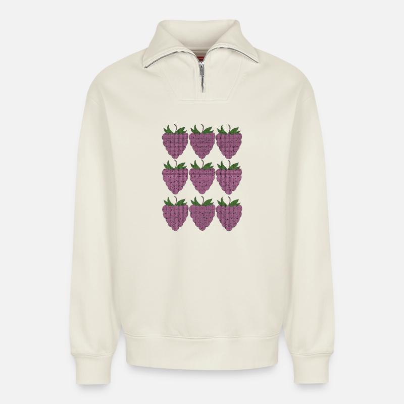 raspberry pattern textile - Relaxed Unisex Organic Half Zip Sweatshirt – by SPREAD - off white