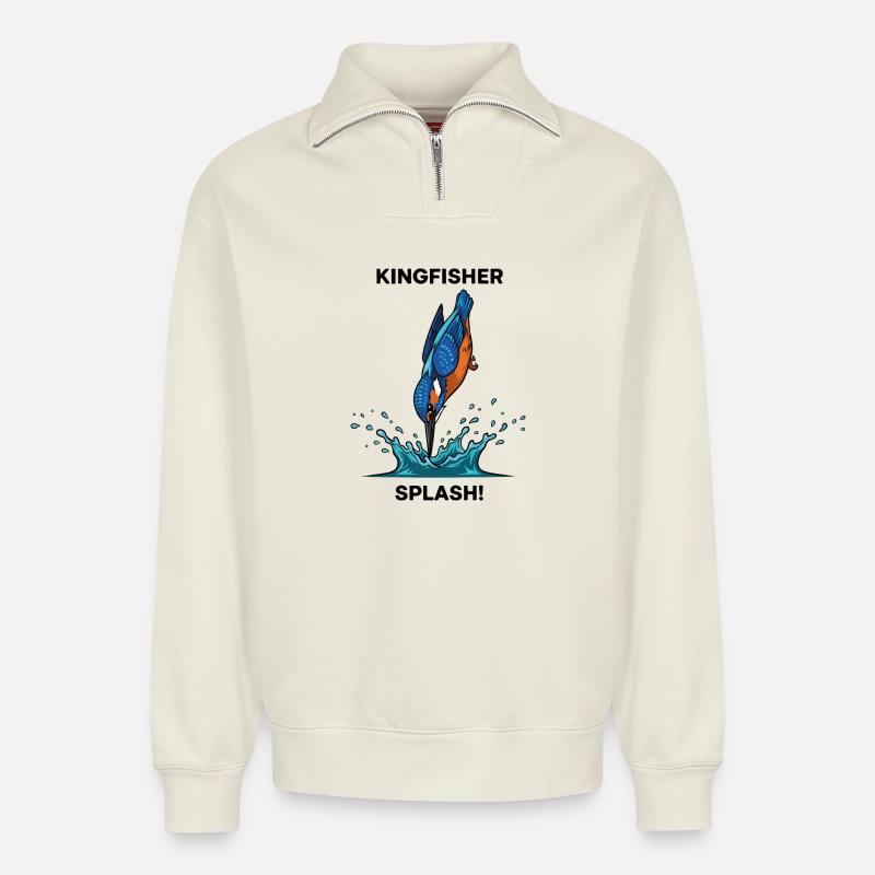 Martin-pêcheur Splash Kingfisher Rivière - Sweat unisexe décontracté en coton biologique à demi-zip – de SPREAD - blanc cassé