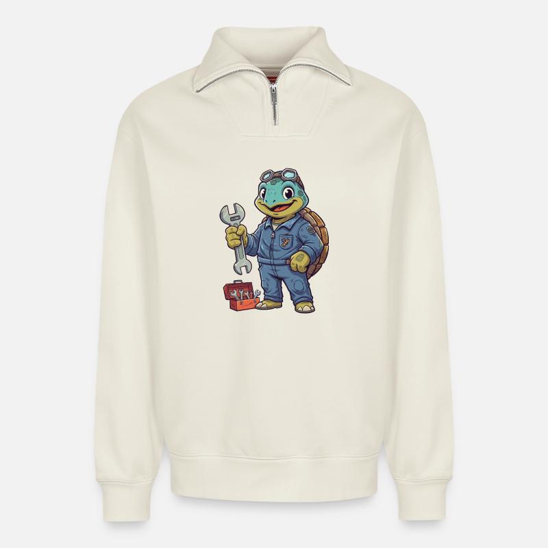 Schildkröte Mechanikerheld - Relaxed Unisex Organic Half Zip Sweatshirt – von SPREAD - Naturweiß
