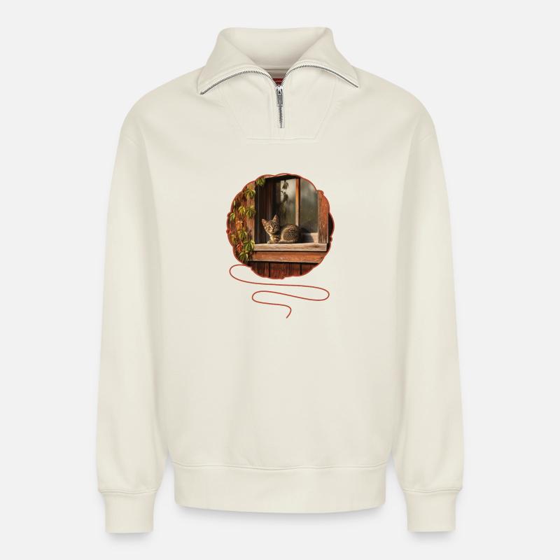 T-Shirt-Design „Katze“ - Relaxed Unisex Organic Half Zip Sweatshirt – von SPREAD - Naturweiß