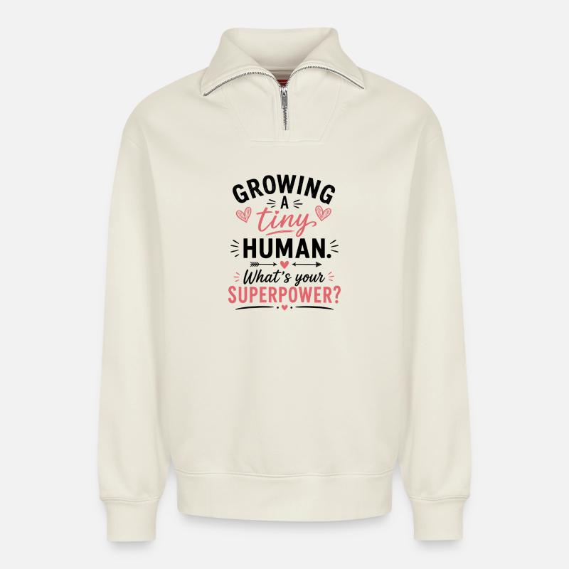 Growing A Tiny Human - Relaxed Unisex Organic Half Zip Sweatshirt – von SPREAD - Naturweiß