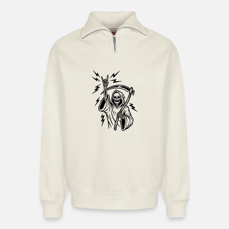 Main de roche dure - Sweat unisexe décontracté en coton biologique à demi-zip – de SPREAD - blanc cassé