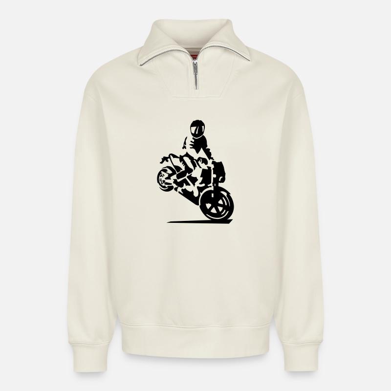 motorcycle stunt - Relaxed Unisex Organic Half Zip Sweatshirt – by SPREAD - off white