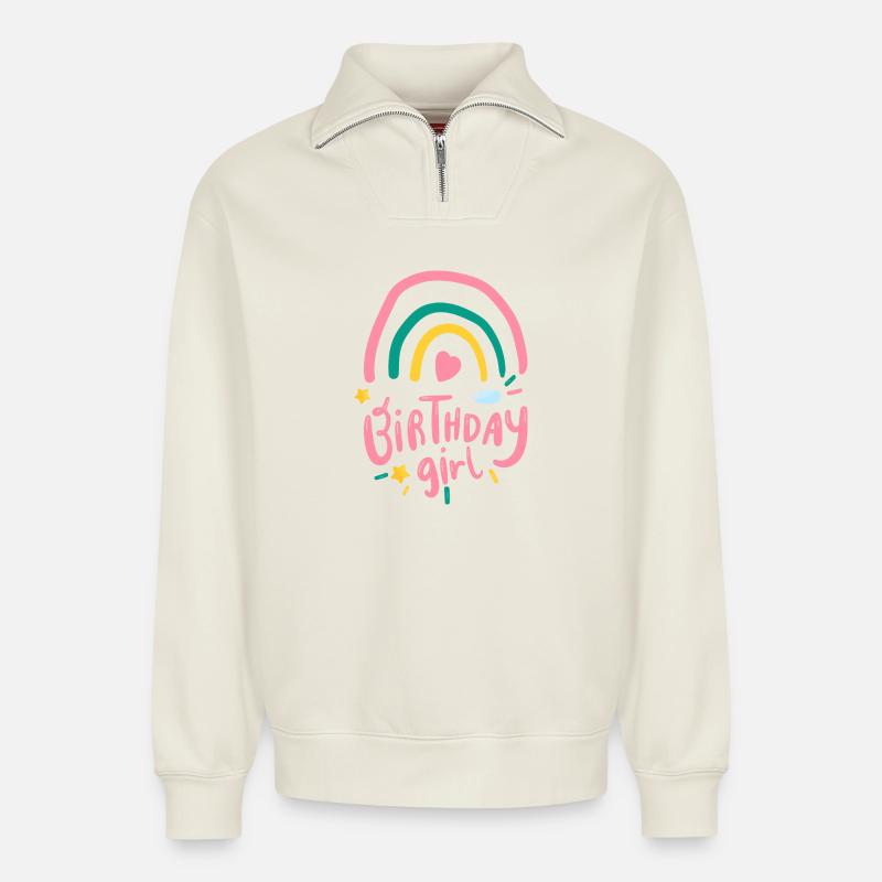 Fille d’anniversaire arc-en-ciel pastel - Sweat unisexe décontracté en coton biologique à demi-zip – de SPREAD - blanc cassé