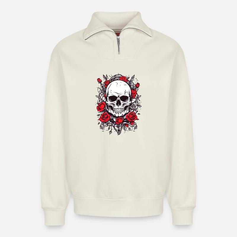 Crâne avec des roses - Sweat unisexe décontracté en coton biologique à demi-zip – de SPREAD - blanc cassé