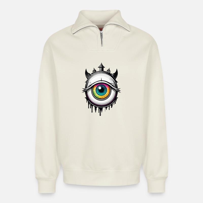 Eye with horns - Relaxed Unisex Organic Half Zip Sweatshirt – by SPREAD - off white