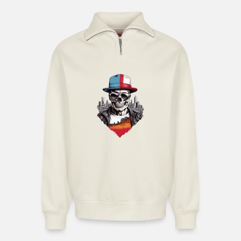 Skull - Relaxed Unisex Organic Half Zip Sweatshirt – by SPREAD - off white