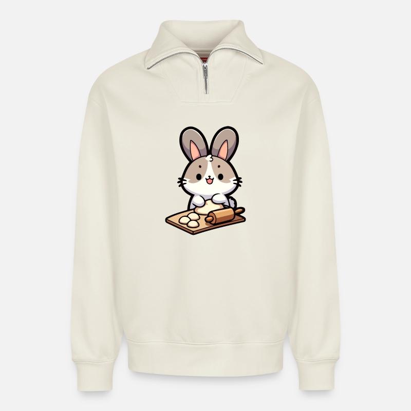 Bunny Baker: The Dough Delighter - Relaxed Unisex Organic Half Zip Sweatshirt – by SPREAD - off white