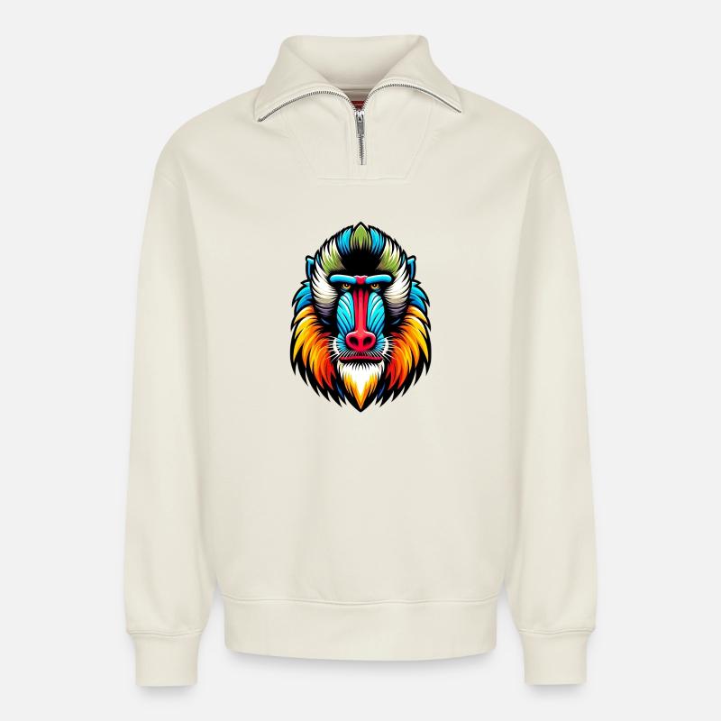 Mandrill monkey - Relaxed Unisex Organic Half Zip Sweatshirt – by SPREAD - off white