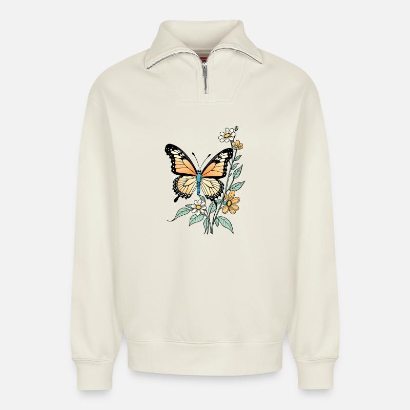 Papillon Avec Des Fleurs, Papillon - Sweat unisexe décontracté en coton biologique à demi-zip – de SPREAD - blanc cassé