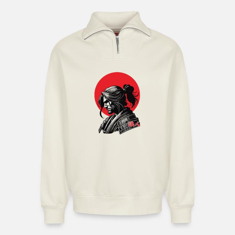 Ronin Warrior - Relaxed Unisex Organic Half Zip Sweatshirt – by SPREAD - off white