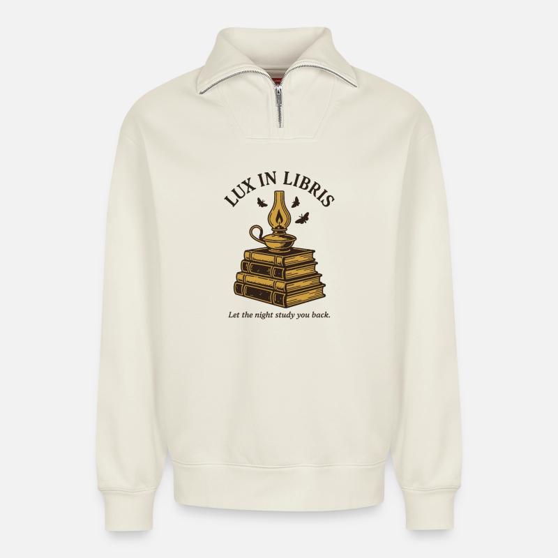 Lux in Libris - Relaxed Unisex Organic Half Zip Sweatshirt – von SPREAD - Naturweiß
