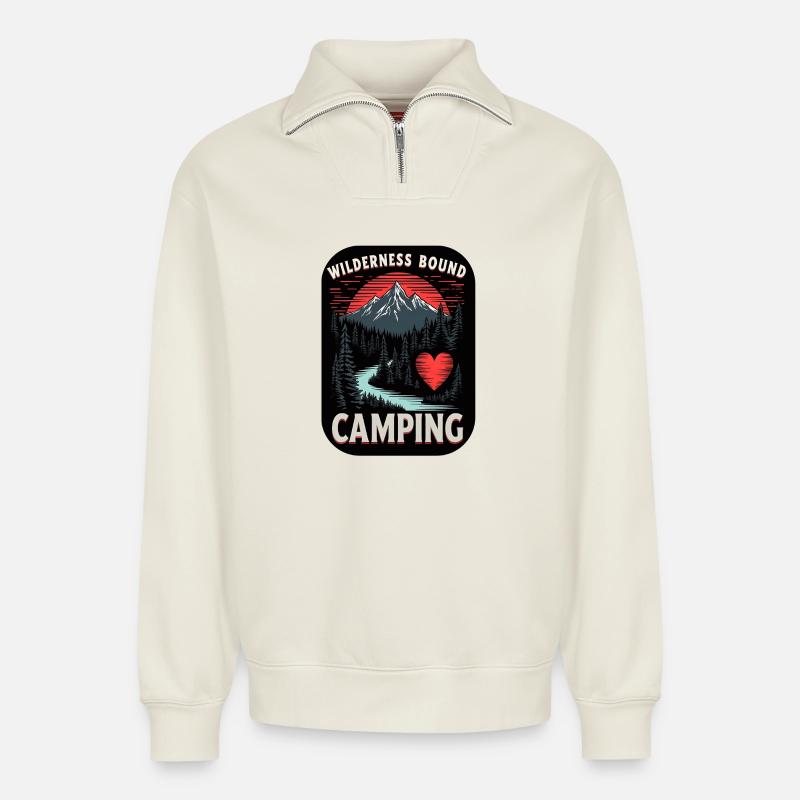 Wilderness Bound Camping Herz - Relaxed Unisex Organic Half Zip Sweatshirt – von SPREAD - Naturweiß