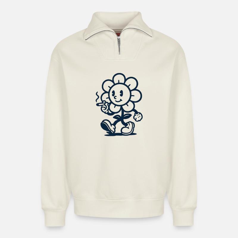 Retro Blumen Maskottchen mit Zigarette Zeichnung - Relaxed Unisex Organic Half Zip Sweatshirt – von SPREAD - Naturweiß