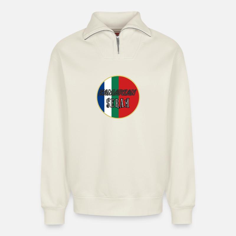 Kamarian Seram Emblem - Relaxed Unisex Organic Half Zip Sweatshirt – von SPREAD - Naturweiß