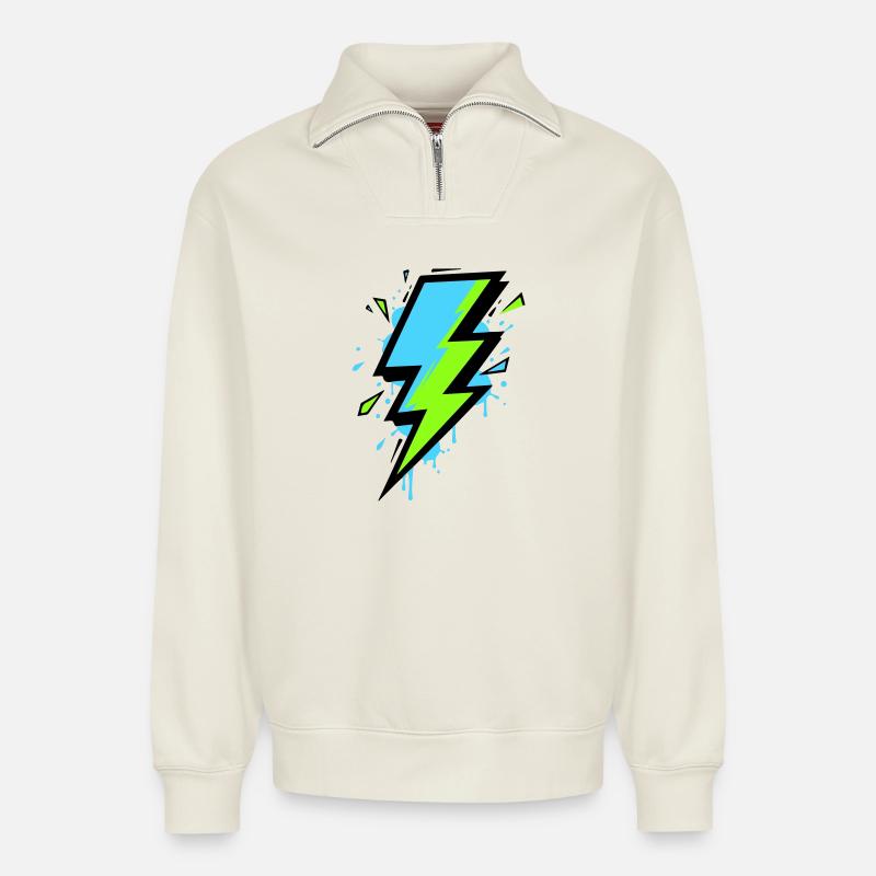 Rayon de l’électricité moderne - Sweat unisexe décontracté en coton biologique à demi-zip – de SPREAD - blanc cassé