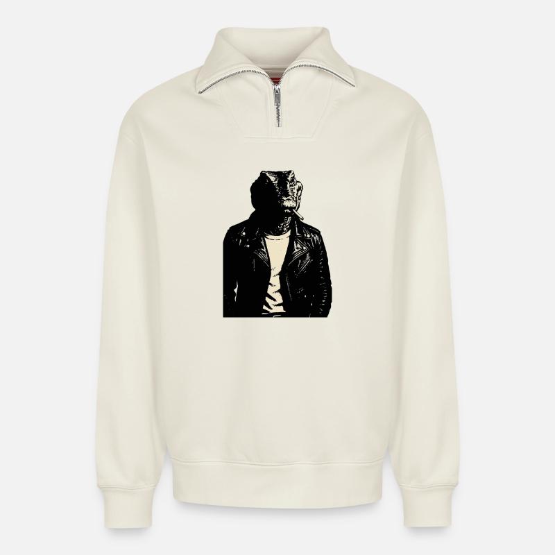 Leder Lizard Moto Rebel - Relaxed Unisex Organic Half Zip Sweatshirt – von SPREAD - Naturweiß