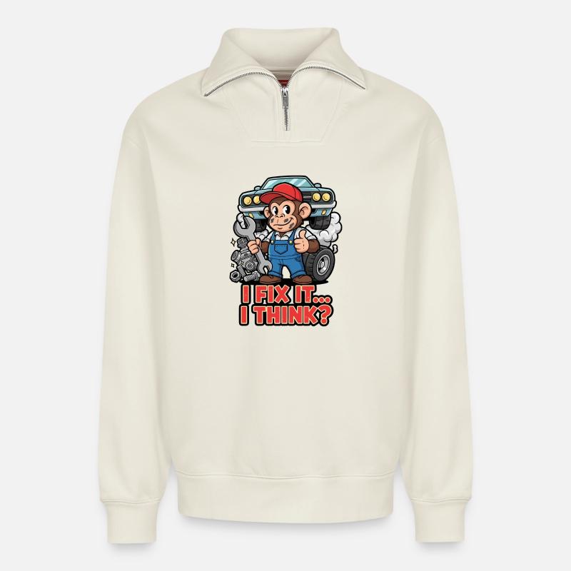 Affe Mechaniker – I Fix It - Relaxed Unisex Organic Half Zip Sweatshirt – von SPREAD - Naturweiß