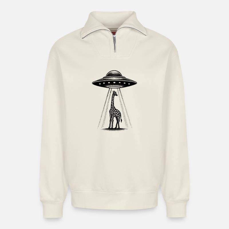 Alien Giraffe - Relaxed Unisex Organic Half Zip Sweatshirt – by SPREAD - off white